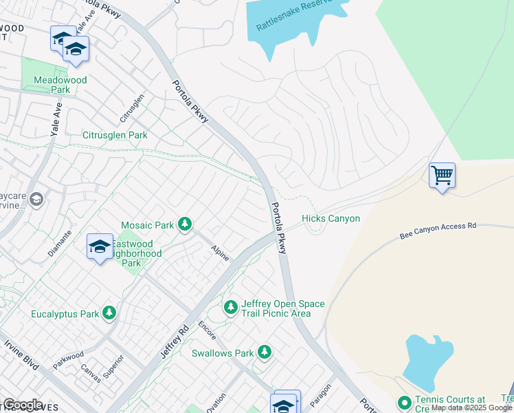 map of restaurants, bars, coffee shops, grocery stores, and more near 112 Catspaw in Irvine