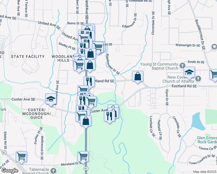 map of restaurants, bars, coffee shops, grocery stores, and more near 1278 Lynwyn Lane Southeast in Atlanta