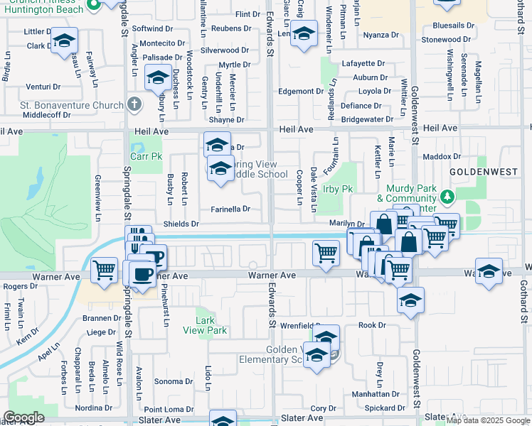 map of restaurants, bars, coffee shops, grocery stores, and more near 16772 Summercloud Lane in Huntington Beach