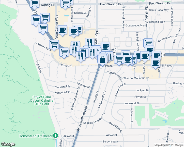 map of restaurants, bars, coffee shops, grocery stores, and more near 251 Sandpiper Street in Palm Desert
