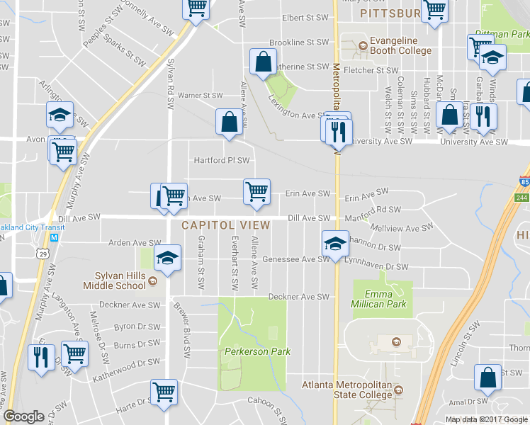 map of restaurants, bars, coffee shops, grocery stores, and more near 747 Dill Avenue Southwest in Atlanta