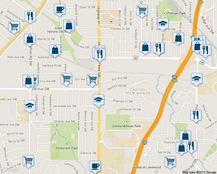 map of restaurants, bars, coffee shops, grocery stores, and more near 575 Manford Rd SW in Atlanta