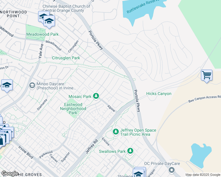 map of restaurants, bars, coffee shops, grocery stores, and more near 205 Parkwood in Irvine