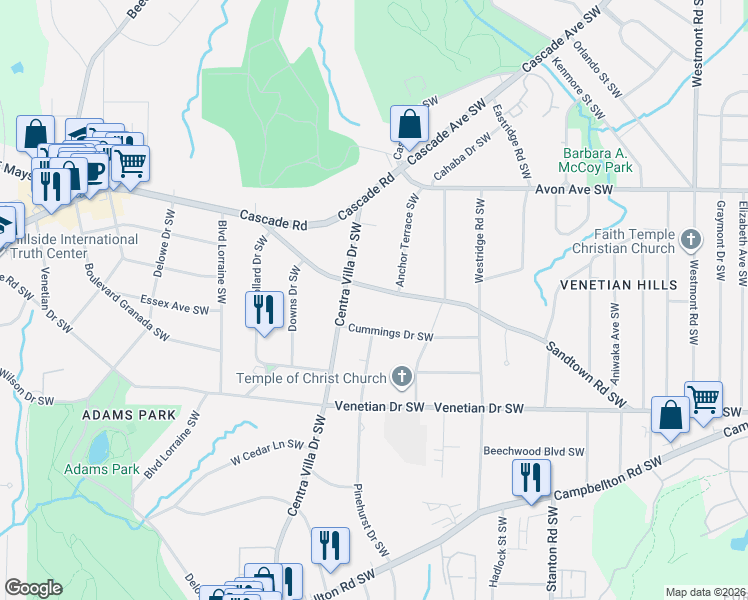 map of restaurants, bars, coffee shops, grocery stores, and more near 1940 Sandtown Road Southwest in Atlanta