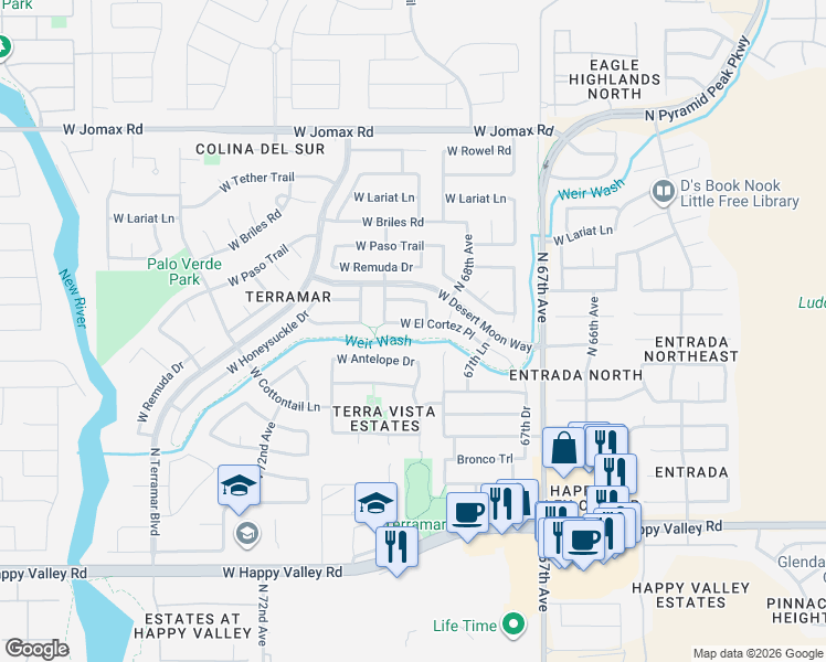 map of restaurants, bars, coffee shops, grocery stores, and more near 6845 West El Cortez Place in Peoria