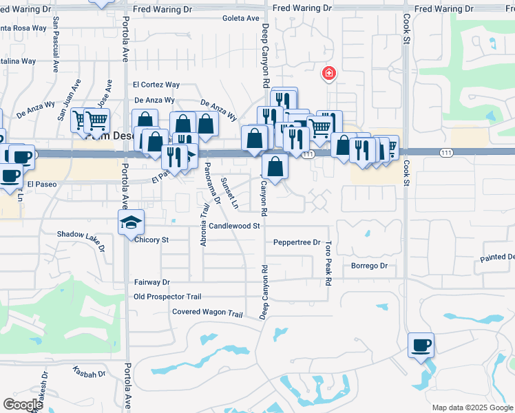 map of restaurants, bars, coffee shops, grocery stores, and more near 45451 Deep Canyon Road in Palm Desert