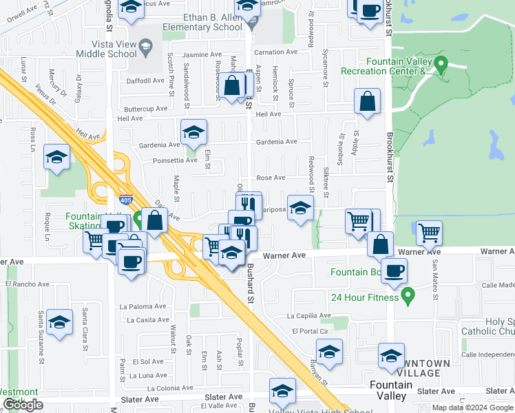 map of restaurants, bars, coffee shops, grocery stores, and more near 16830 Bushard Street in Fountain Valley