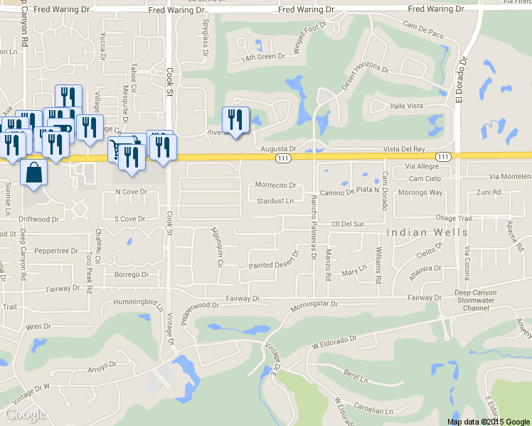 map of restaurants, bars, coffee shops, grocery stores, and more near 75330 Palm Shadow Drive in Indian Wells