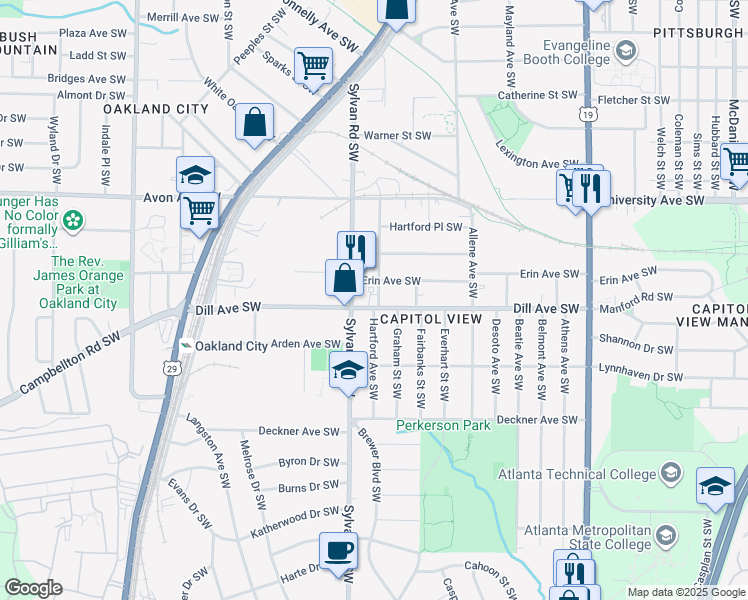 map of restaurants, bars, coffee shops, grocery stores, and more near 883 Dill Avenue Southwest in Atlanta