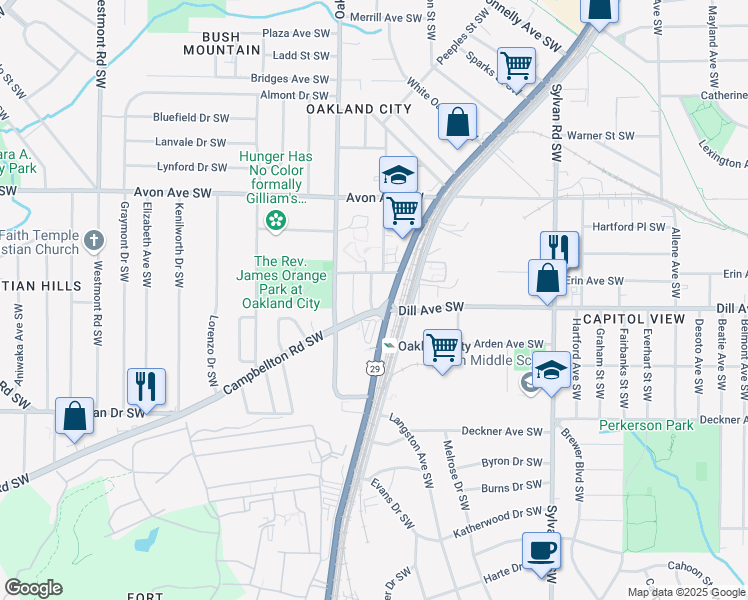 map of restaurants, bars, coffee shops, grocery stores, and more near 1147 Campbellton Road Southwest in Atlanta