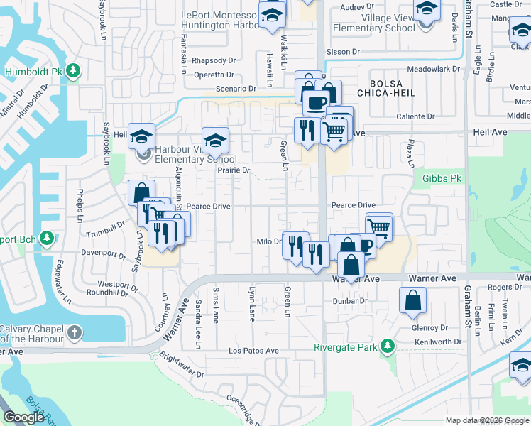 map of restaurants, bars, coffee shops, grocery stores, and more near 16751 Hoskins Lane in Huntington Beach