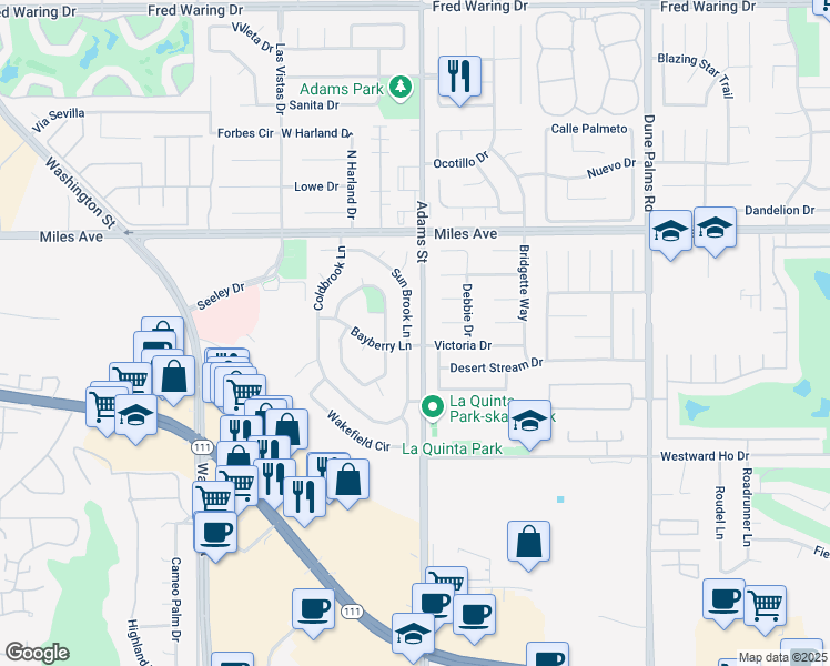 map of restaurants, bars, coffee shops, grocery stores, and more near 79010 Victoria Drive in La Quinta