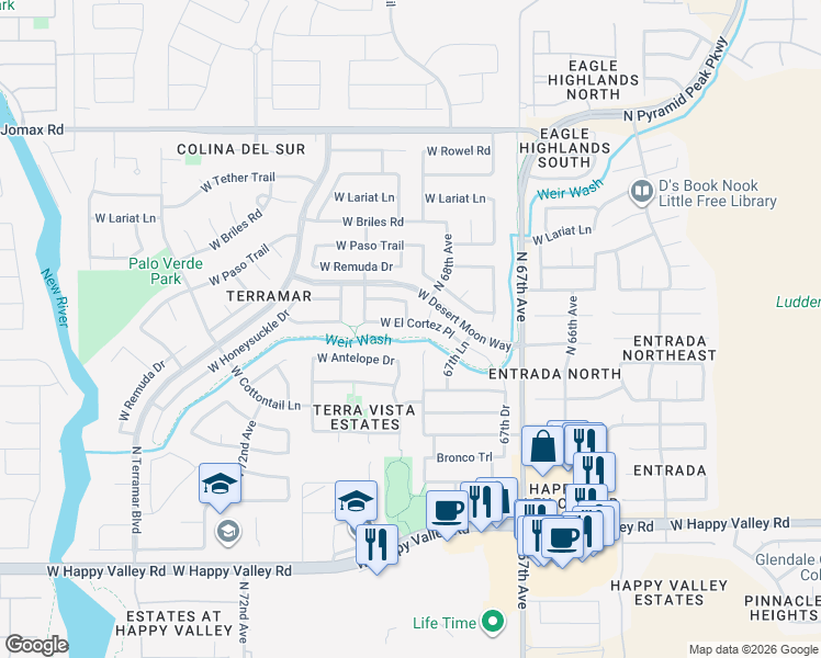 map of restaurants, bars, coffee shops, grocery stores, and more near 6845 West El Cortez Place in Peoria