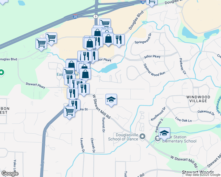 map of restaurants, bars, coffee shops, grocery stores, and more near 5663 Woodland Drive in Douglasville
