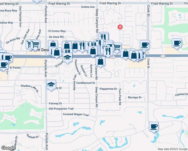 map of restaurants, bars, coffee shops, grocery stores, and more near 45451 Deep Canyon Road in Palm Desert
