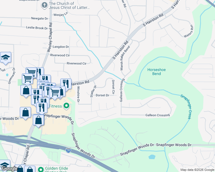 map of restaurants, bars, coffee shops, grocery stores, and more near 4497 Dorset Circle in Decatur