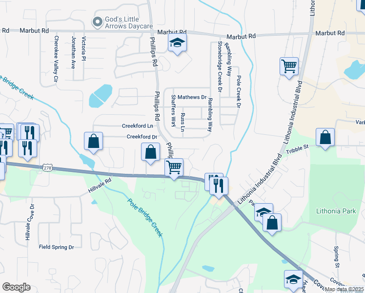map of restaurants, bars, coffee shops, grocery stores, and more near 6376 Kennonbriar Court in Lithonia