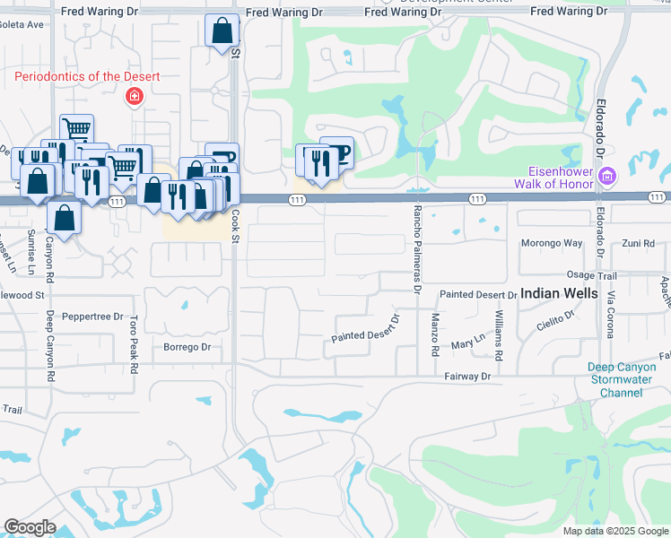 map of restaurants, bars, coffee shops, grocery stores, and more near 75254 Palm Shadow Drive in Indian Wells