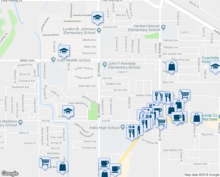 map of restaurants, bars, coffee shops, grocery stores, and more near 81580 De Oro Avenue in Indio