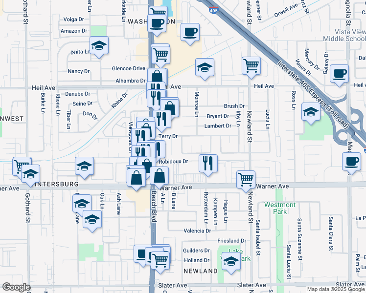 map of restaurants, bars, coffee shops, grocery stores, and more near 16782 Heritage Lane in Huntington Beach