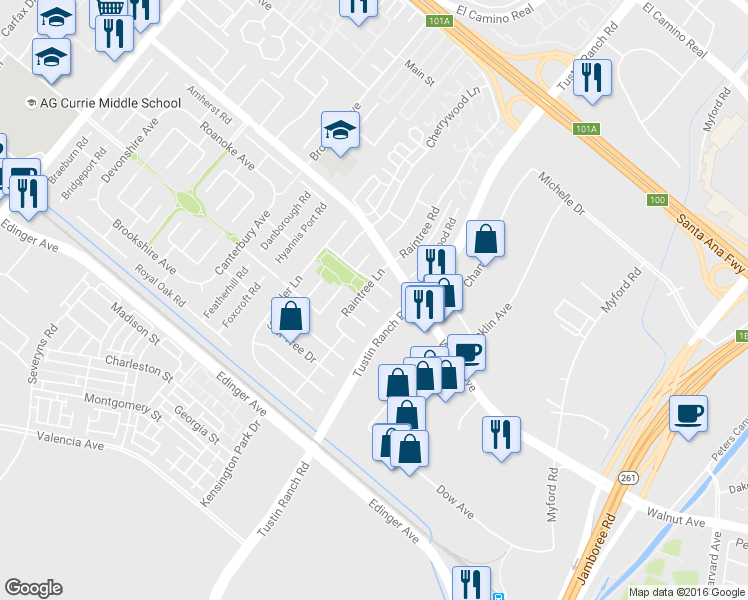 map of restaurants, bars, coffee shops, grocery stores, and more near 2321 Basswood Circle in Tustin