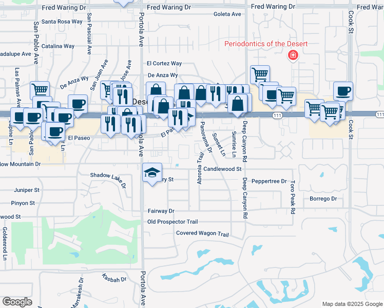 map of restaurants, bars, coffee shops, grocery stores, and more near 45418 Garden Square in Palm Desert