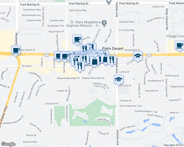 map of restaurants, bars, coffee shops, grocery stores, and more near 73771 Larrea Street in Palm Desert