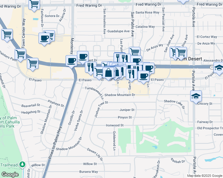 map of restaurants, bars, coffee shops, grocery stores, and more near 45451 Lupine Lane in Palm Desert