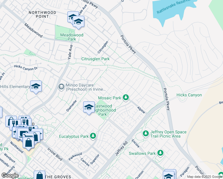 map of restaurants, bars, coffee shops, grocery stores, and more near 118 Joshua Tree in Irvine