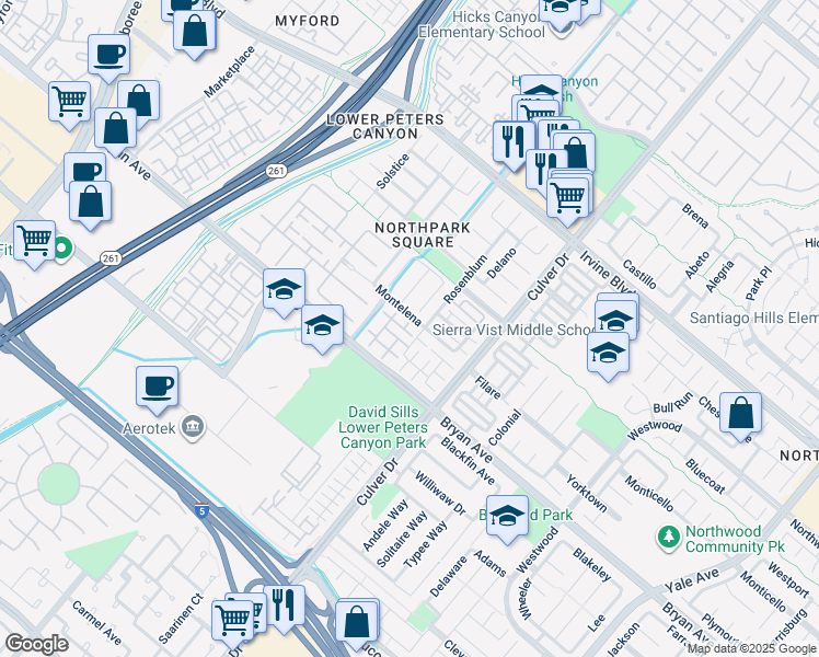 map of restaurants, bars, coffee shops, grocery stores, and more near 16 Leucadia in Irvine