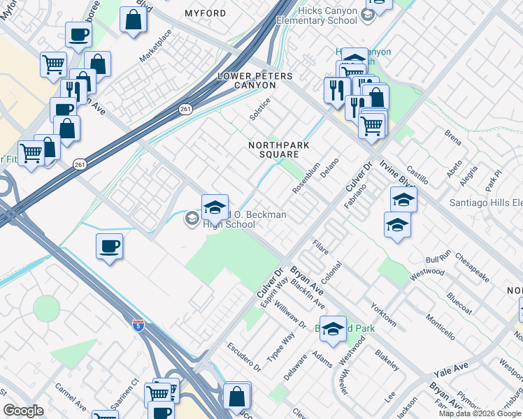 map of restaurants, bars, coffee shops, grocery stores, and more near 35 Taquitz in Irvine