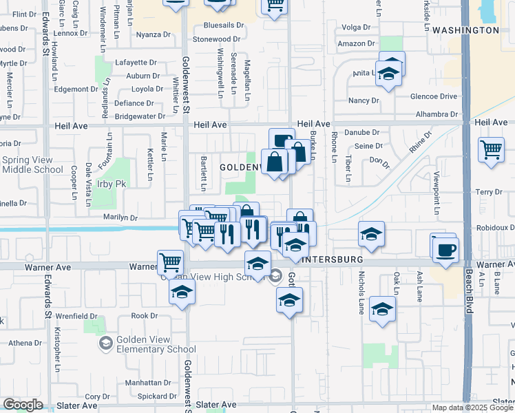 map of restaurants, bars, coffee shops, grocery stores, and more near 7252 La Mancha Circle in Huntington Beach