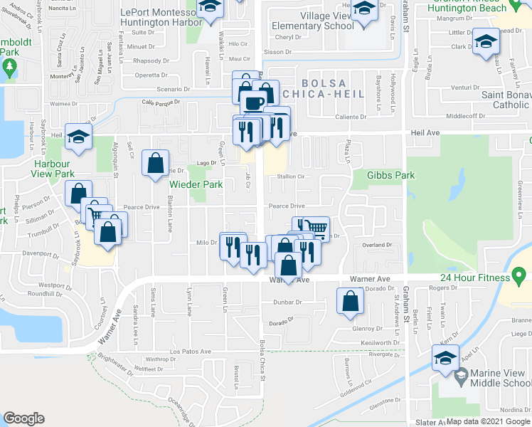 map of restaurants, bars, coffee shops, grocery stores, and more near 16761 Moody Circle in Huntington Beach