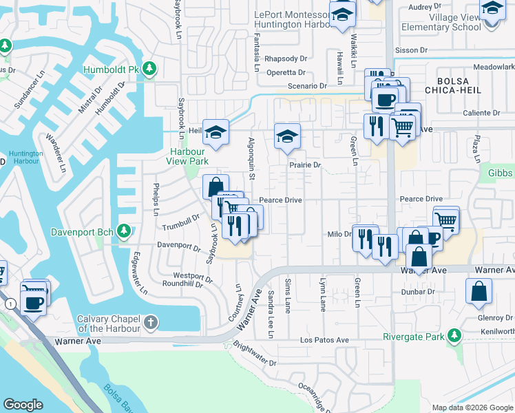 map of restaurants, bars, coffee shops, grocery stores, and more near 4485 Boardwalk Drive in Huntington Beach
