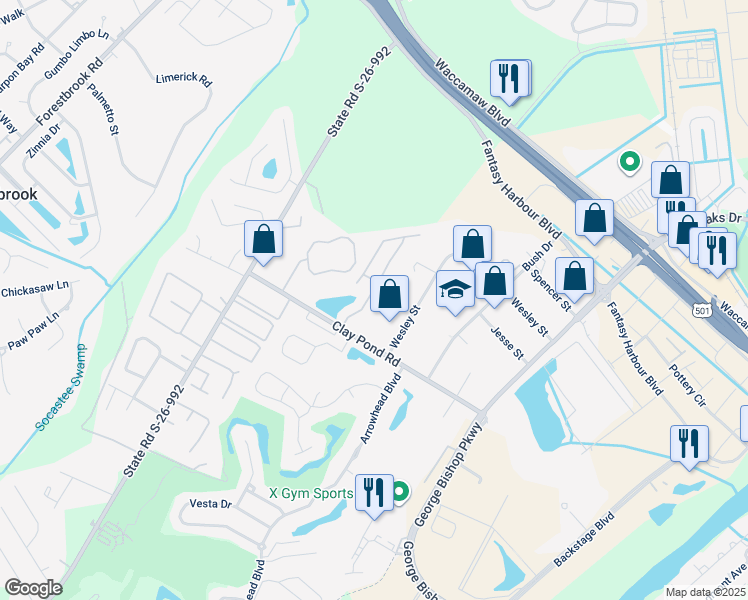 map of restaurants, bars, coffee shops, grocery stores, and more near 3685 Clay Pond Village Lane in Myrtle Beach
