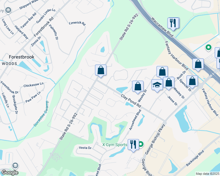 map of restaurants, bars, coffee shops, grocery stores, and more near 101 Fountain Pointe Lane in Myrtle Beach