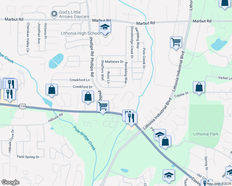 map of restaurants, bars, coffee shops, grocery stores, and more near 6420 Kennonbriar Court in Lithonia