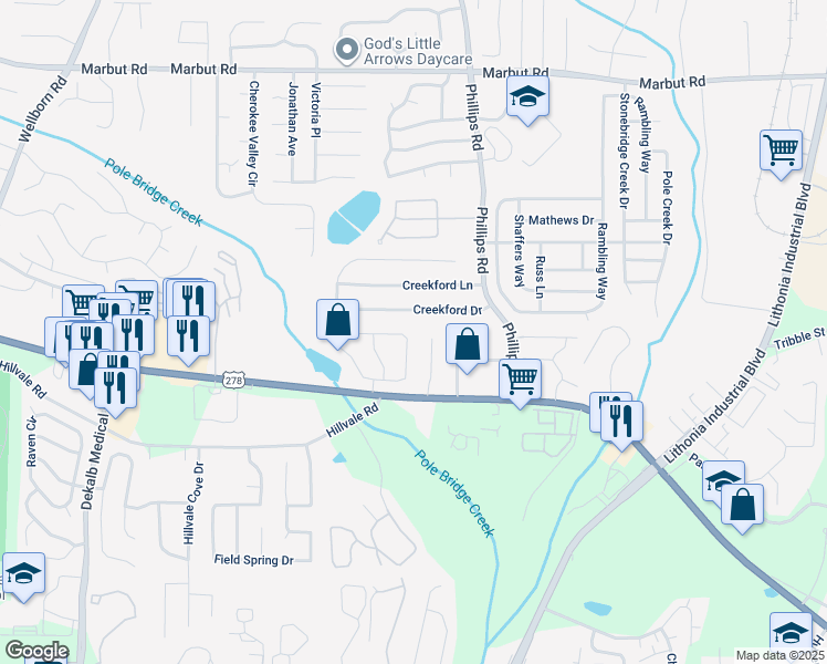 map of restaurants, bars, coffee shops, grocery stores, and more near 2353 Cragstone Court in Lithonia