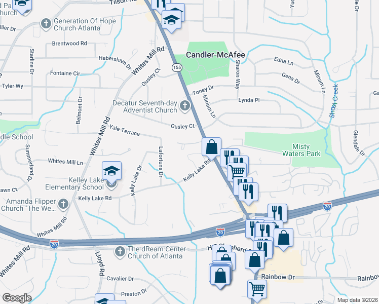 map of restaurants, bars, coffee shops, grocery stores, and more near 2425 Candler Road in Decatur