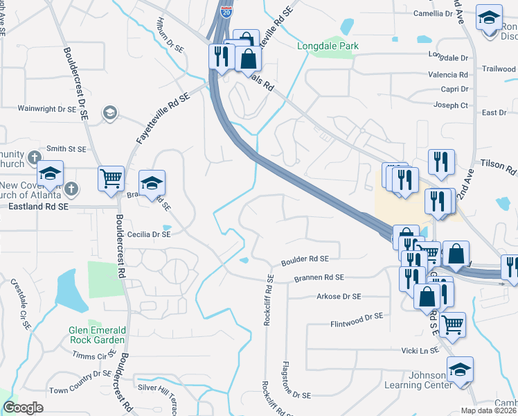 map of restaurants, bars, coffee shops, grocery stores, and more near 1692 Bouldercliff Court Southeast in Atlanta