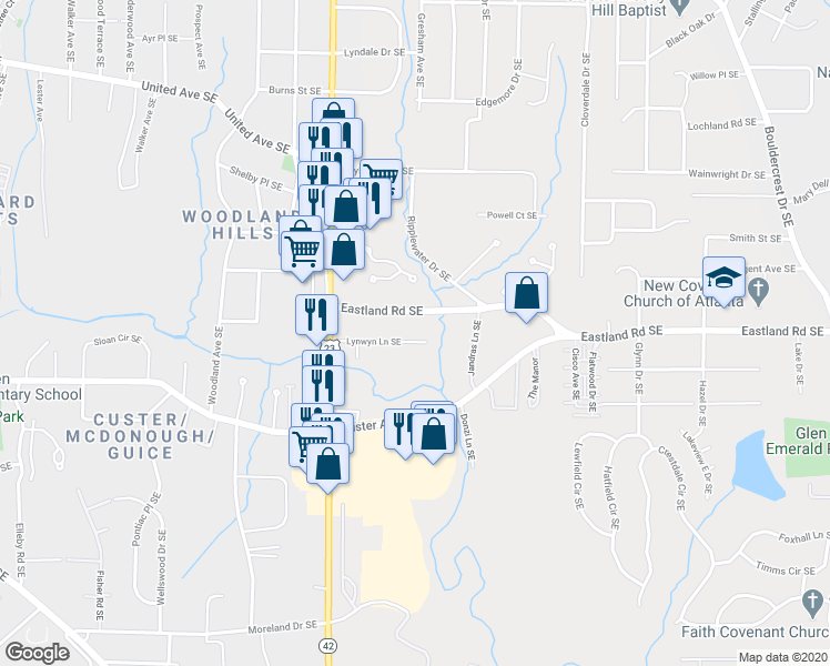 map of restaurants, bars, coffee shops, grocery stores, and more near 1278 Lynwyn Lane Southeast in Atlanta