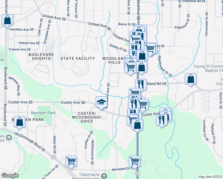 map of restaurants, bars, coffee shops, grocery stores, and more near 1091 Napier Street Southeast in Atlanta