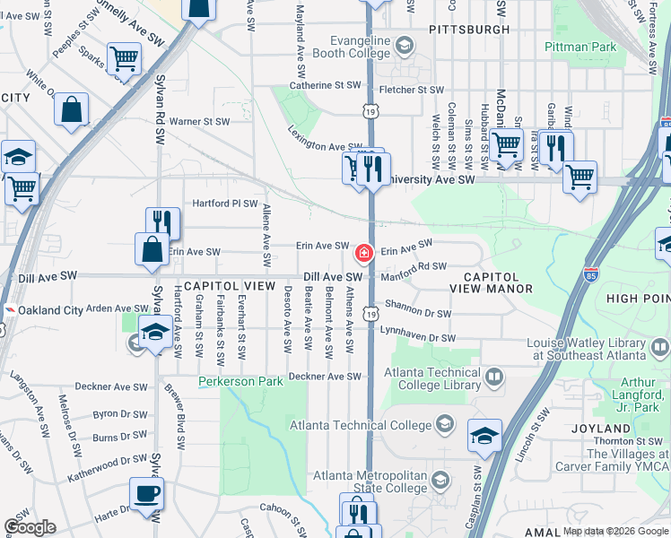 map of restaurants, bars, coffee shops, grocery stores, and more near 661 Dill Avenue Southwest in Atlanta