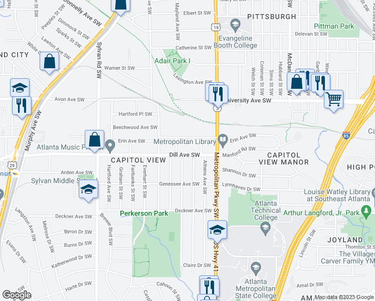 map of restaurants, bars, coffee shops, grocery stores, and more near 693 Dill Avenue Southwest in Atlanta