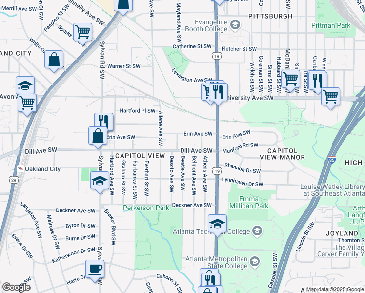map of restaurants, bars, coffee shops, grocery stores, and more near 707 Dill Avenue Southwest in Atlanta