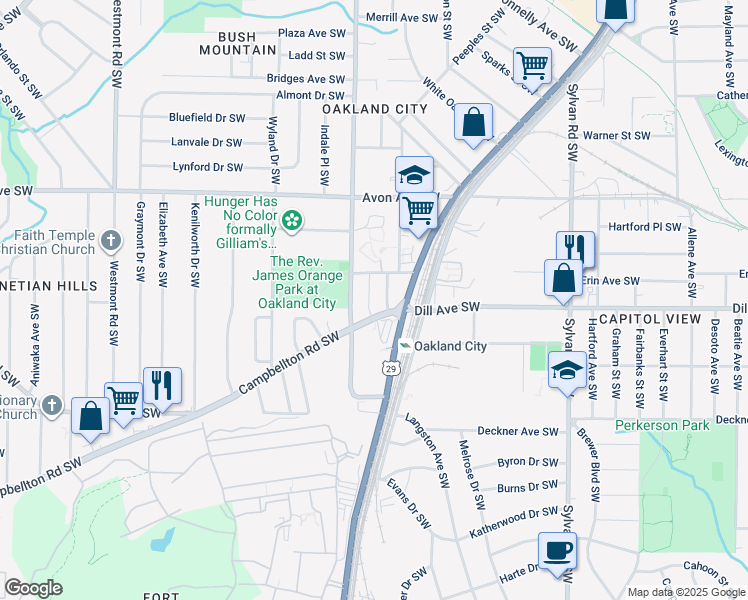 map of restaurants, bars, coffee shops, grocery stores, and more near 1147 Campbellton Road Southwest in Atlanta