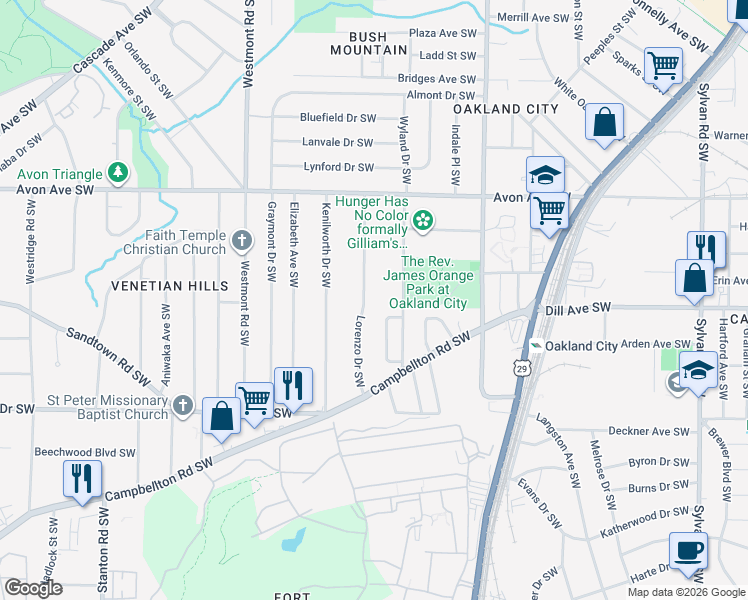 map of restaurants, bars, coffee shops, grocery stores, and more near 1340 Lorenzo Drive Southwest in Atlanta