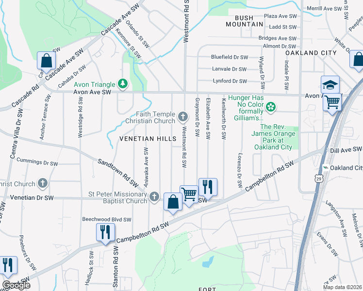 map of restaurants, bars, coffee shops, grocery stores, and more near 1347 Westmont Road Southwest in Atlanta