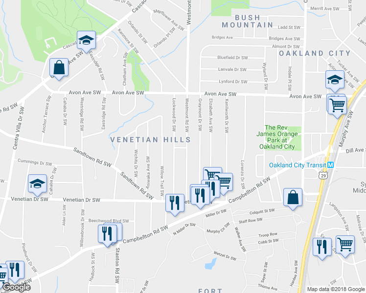 map of restaurants, bars, coffee shops, grocery stores, and more near 1347 Westmont Road Southwest in Atlanta