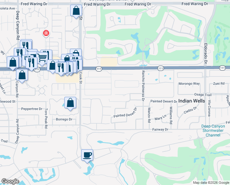 map of restaurants, bars, coffee shops, grocery stores, and more near 75270 Palm Shadow Drive in Indian Wells